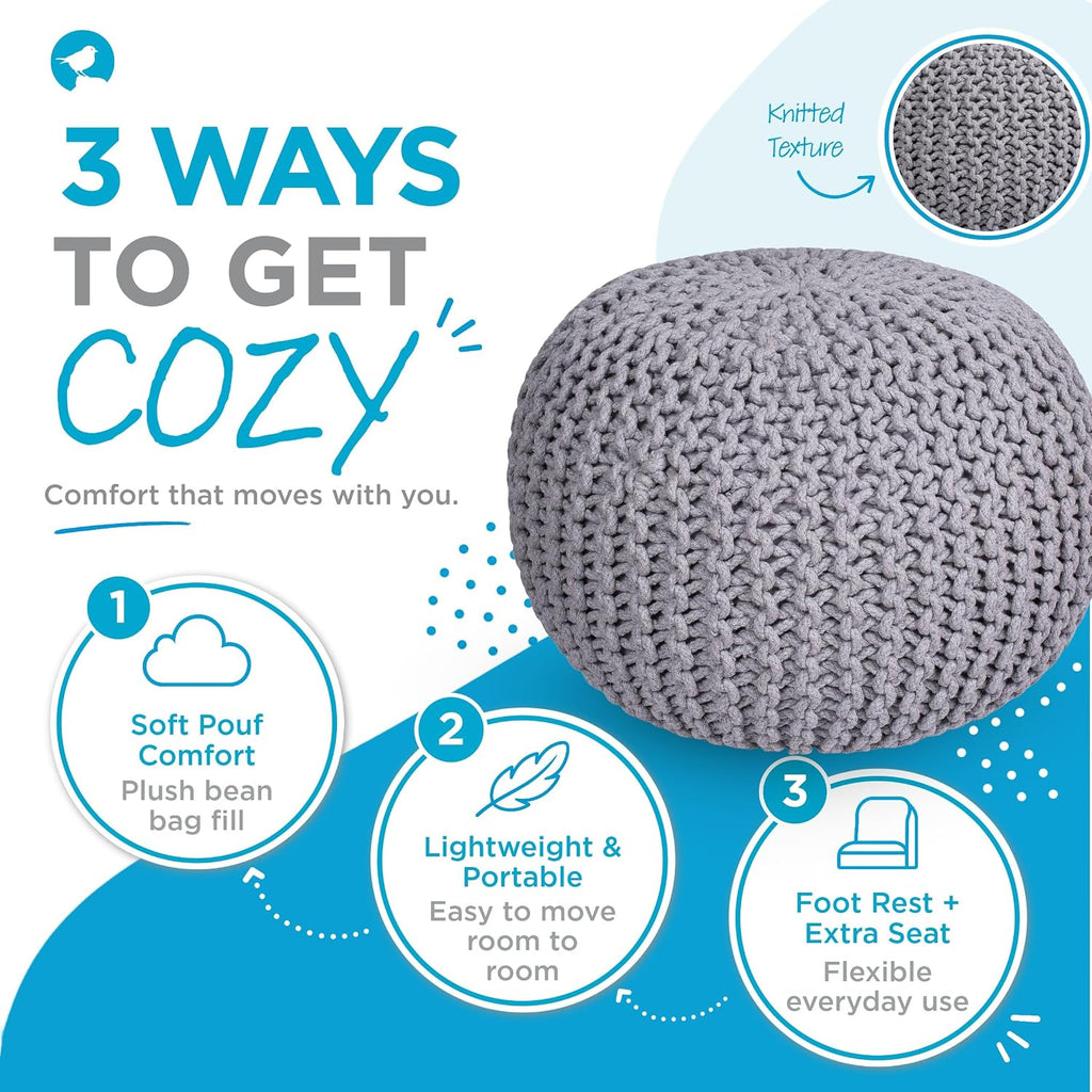 BIRDROCK HOME Round Pouf Ottoman Foot Rest - 18.5”x18.5”x15” Boho Compact Comfortable Soft Cotton Braided Foot Stool with Bean Bag Filling for Living Room, Bedroom, or Nursery (Light Gray)