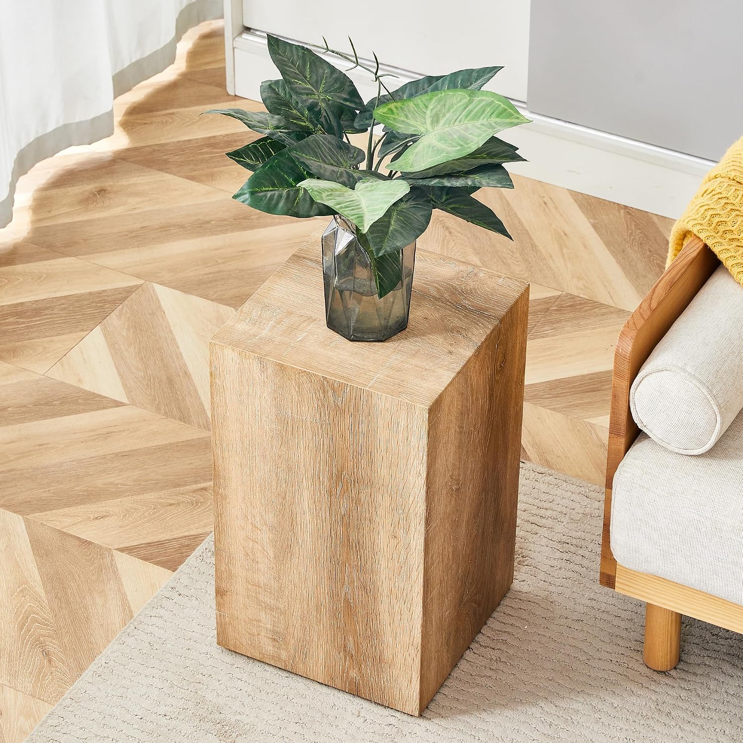 Natural Wood Marble Texture Side Table, MDF End Table, 11.8 x 11.8 x 19.6 Inch, Rectangular Living Room Accent