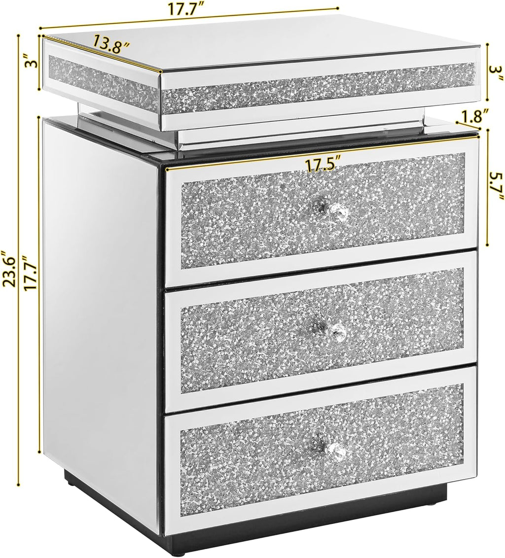 KEIKI Mirrored Nightstand with 3 Drawers, Nightstand with Crystal Inlay, Mirror End Table, Modern Bedside Table, Glass Table for Bedroom, Silver