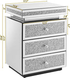 KEIKI Mirrored Nightstand with 3 Drawers, Nightstand with Crystal Inlay, Mirror End Table, Modern Bedside Table, Glass Table for Bedroom, Silver