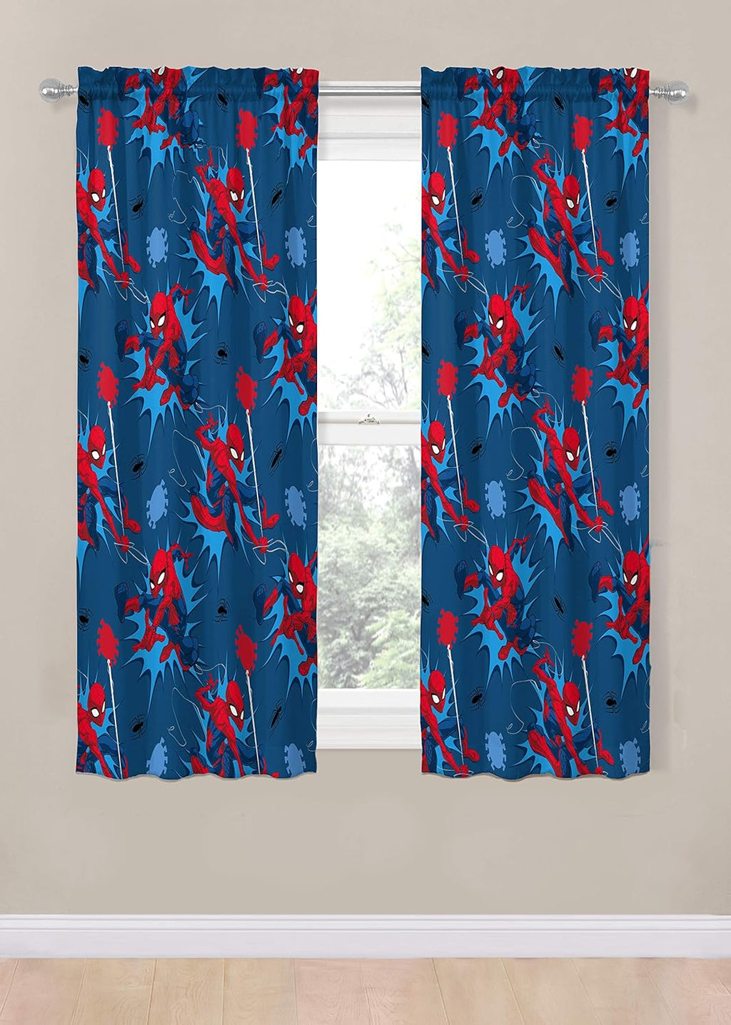 Jay Franco Kids Window Drapes - 4 Piece Curtain Set Includes 2 Tiebacks, Beautiful Bedding Room Décor and Easy Set Up, Blue - Spiderman, 63 Inch
