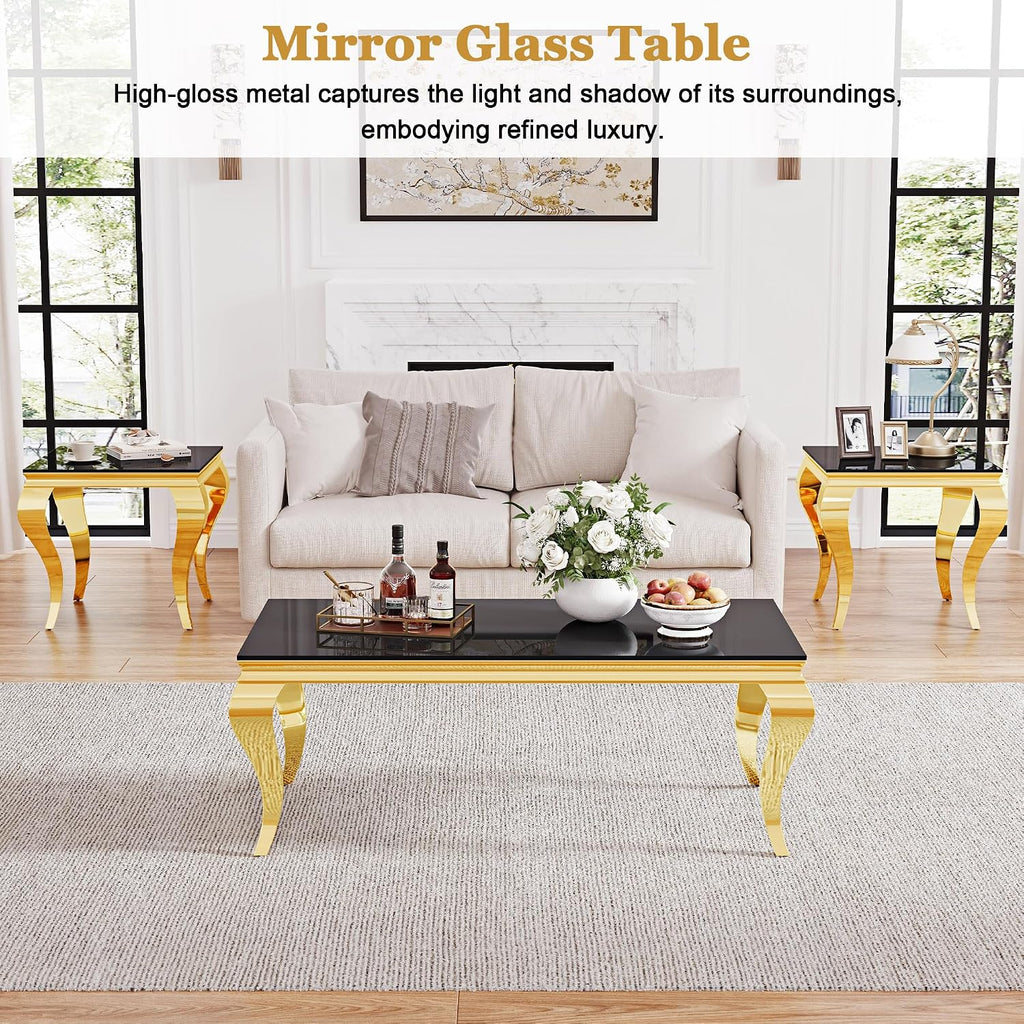 Square Glass End Table, 23" Modern Side Table with Black Tempered Glass Top and Gold Mirror-Finished Stainless Steel S-Shaped Legs, Modern Luxury End Table for Living Room or Bedroom