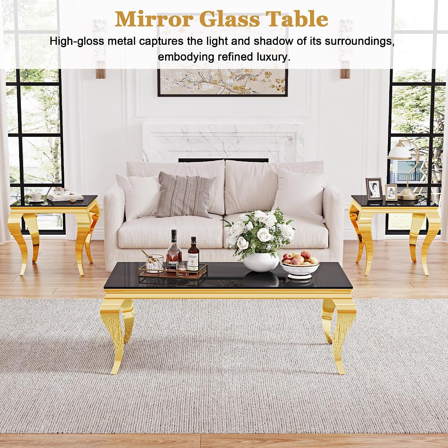Square Glass End Table, 23" Modern Side Table with Black Tempered Glass Top and Gold Mirror-Finished Stainless Steel S-Shaped Legs, Modern Luxury End Table for Living Room or Bedroom