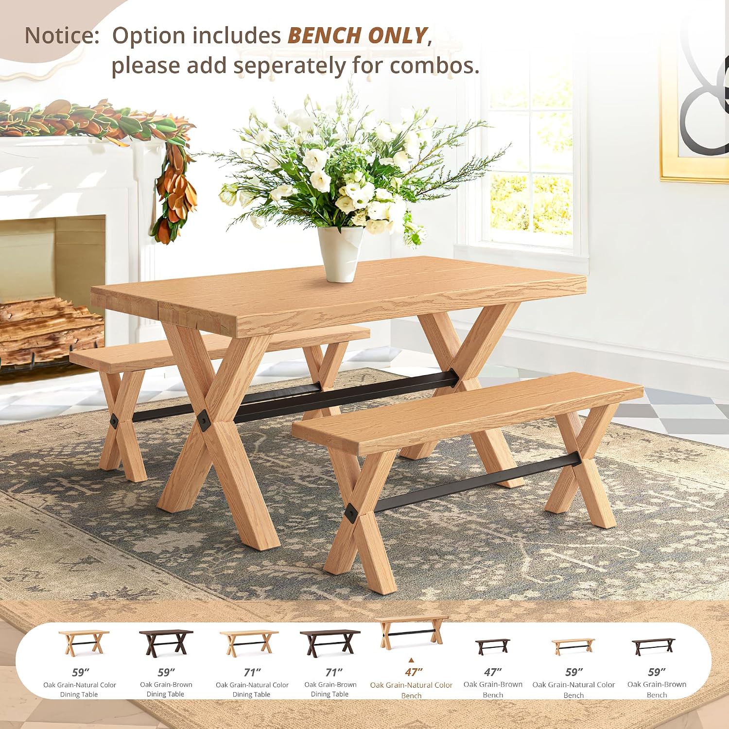 LUE BONA 47 inch Dining Bench with Solid Wood, Farmhouse Kitchen Bench with Natural Wood Grain, Heavy Duty Rectangular Kitchen Dining Chair for Home and Dining Room, Oak Grain-Natural Color