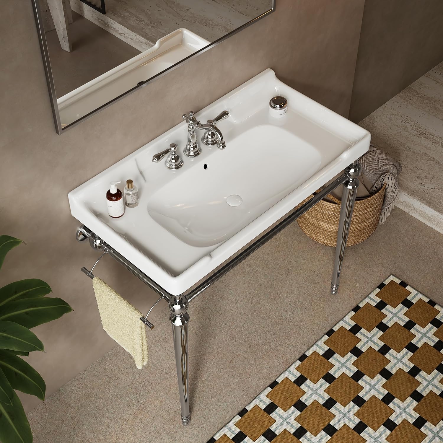 Yayzy 36” Bathroom Vanity with White Ceramic Sink, Wall-Mounted Console Style, Silver-Finish Stainless Steel Legs & Towel Bar, 3 Faucet Holes, No Faucet