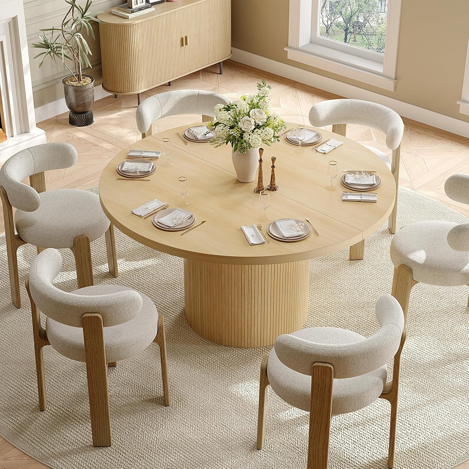 47 inch Round Dining Table for 4, Circle Kitchen Table with Wood Strip Base, Modern Farmhouse Dinner Tables for Kitchen, Living Room (Oak)