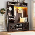 75''H 59''W Large LED Farmhouse Hall Tree with Bench and Shoe Storage,Entryway Bench with Coat Rack,16 Shoe Cubbies & Umbrella Holder and Sock Storage Drawer,Mudroom/Hallway Storages Cabinet(Brown)