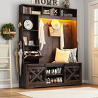 75''H 59''W Large LED Farmhouse Hall Tree with Bench and Shoe Storage,Entryway Bench with Coat Rack,16 Shoe Cubbies & Umbrella Holder and Sock Storage Drawer,Mudroom/Hallway Storages Cabinet(Brown)