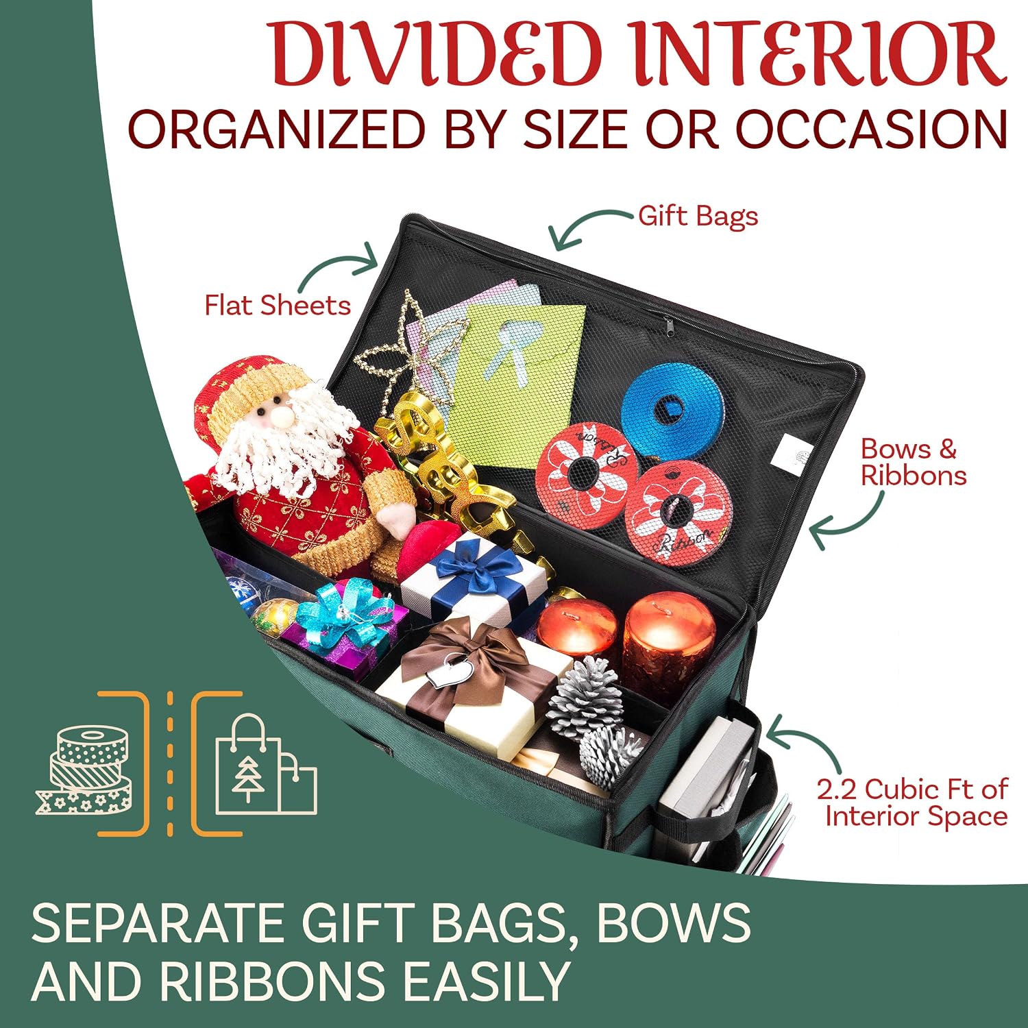 Wrapping Paper Storage Center - Portable Gift Wrap Station to Stow and Organize Flat Sheets, Holiday Gift Bags, Bows, and Ribbons by Elf Stor (Green)