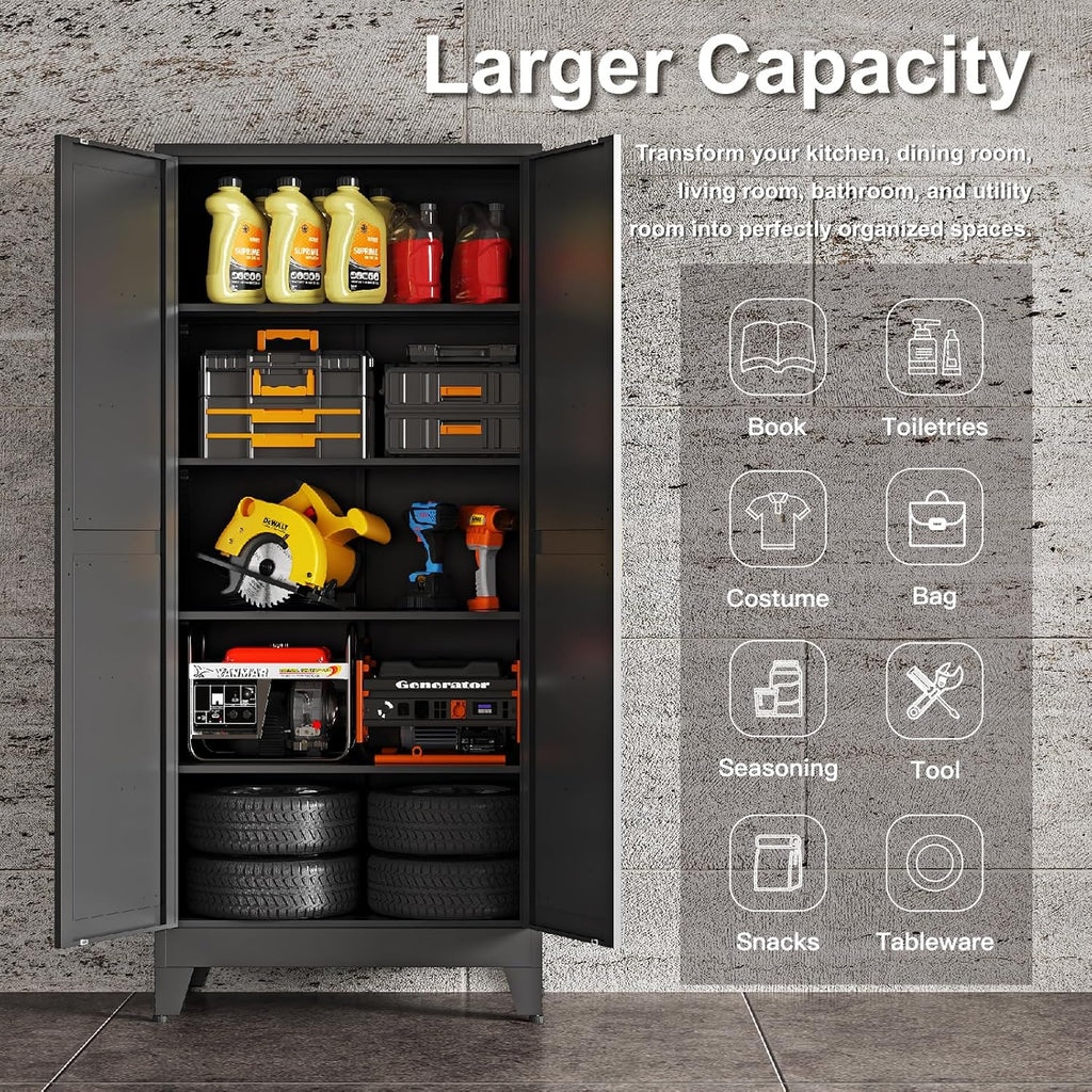 71"H Kitchen Pantry Storage Cabinet,Metal Black Food Pantry with 2 Door and 4 Adjustable Shelves,Laundry Room Freestanding Cabinet,Tall Hutch Cabinet,Large Farmhouse Cupboard for Dining Living Room