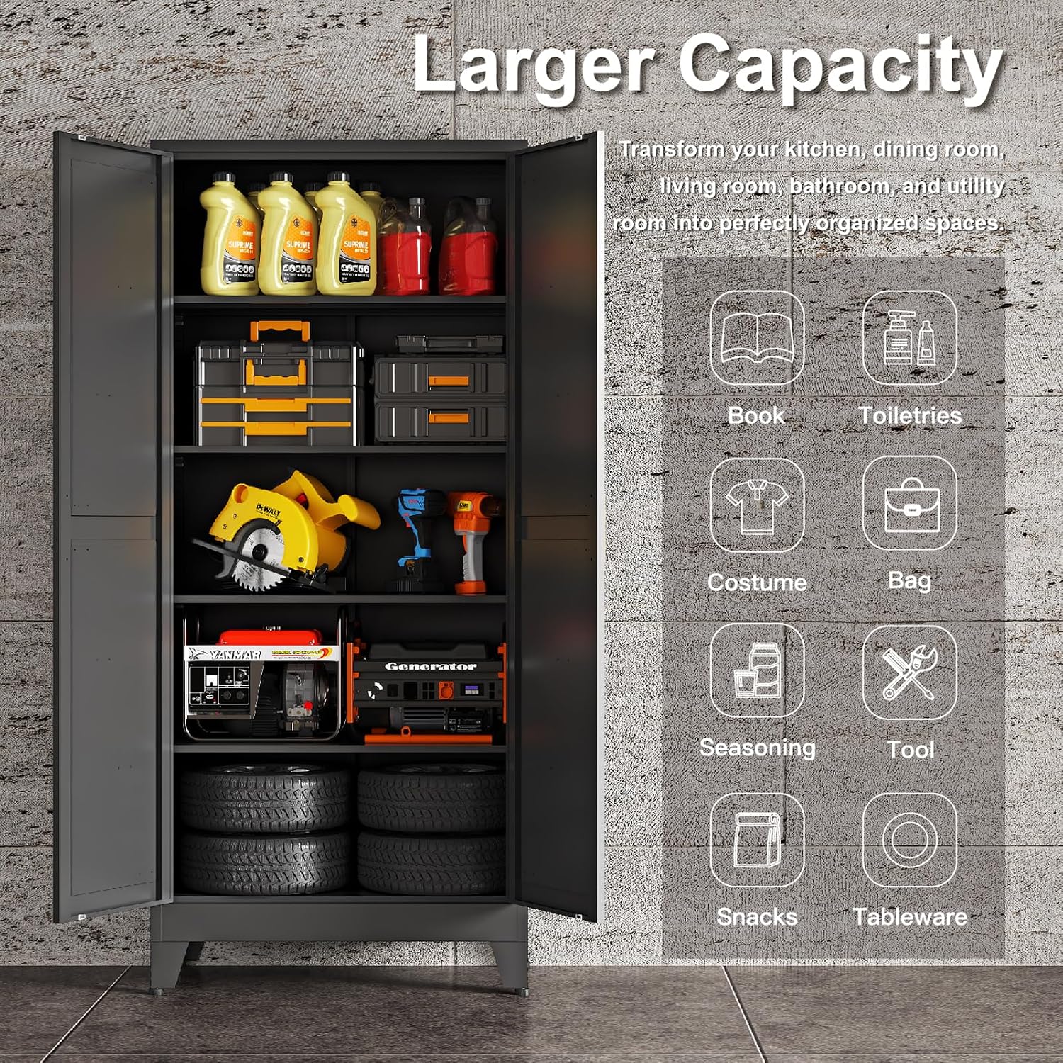 71"H Kitchen Pantry Storage Cabinet,Metal Black Food Pantry with 2 Door and 4 Adjustable Shelves,Laundry Room Freestanding Cabinet,Tall Hutch Cabinet,Large Farmhouse Cupboard for Dining Living Room
