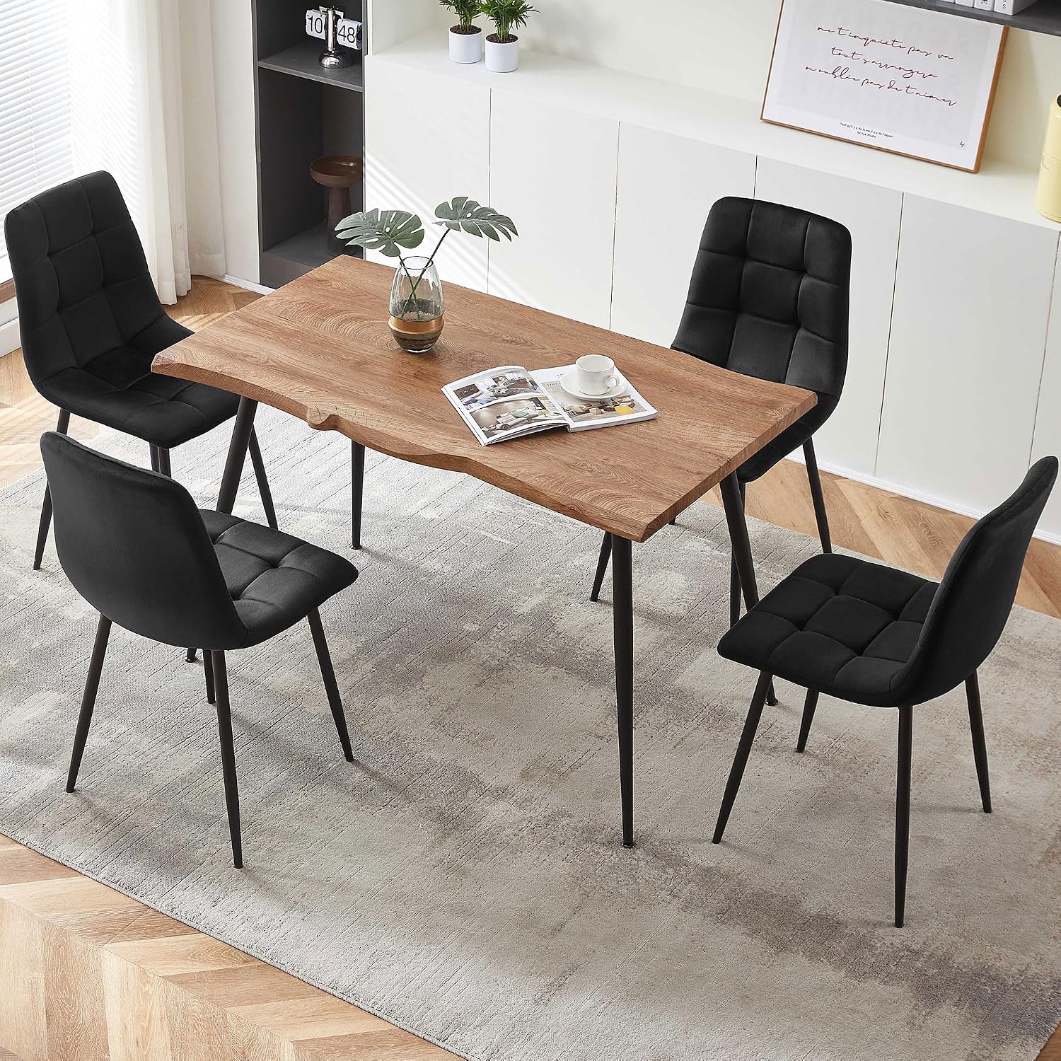 NORDICANA 5-Piece Dining Table Set, 47 in Modern Irregular Rectangle Kitchen Table & 4 Black Velvet Upholstery Side Chairs, Metal Legs, Dining Room Set for 4