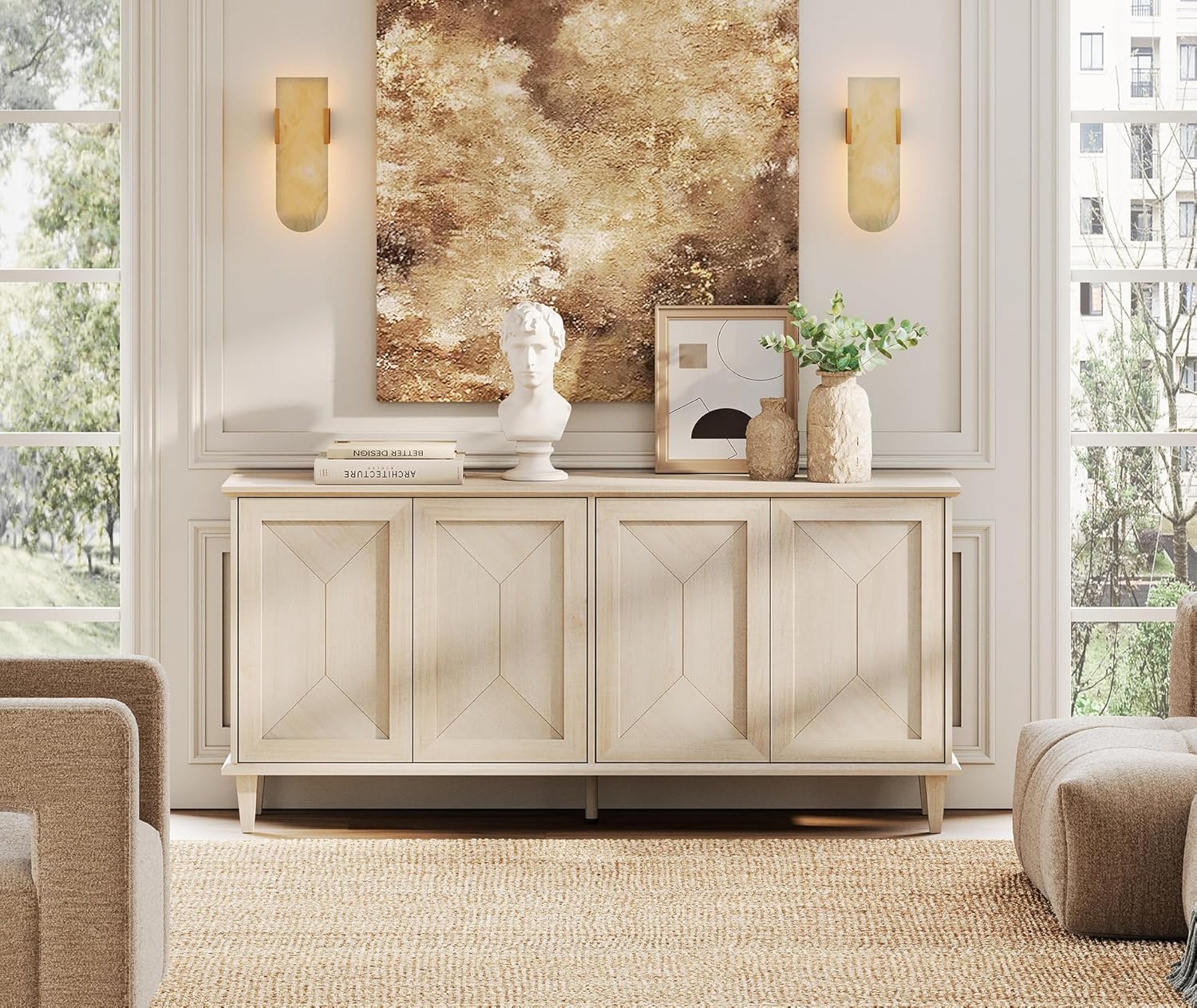 WAMPAT 65-inch Handcrafted Patchwork Decorative Buffet Cabinet with Pop-Up Design Doors,Full Unit Modern Farmhouse Accent Credenza for Coffee Bar, Kitchen, and Living Room,Beige Light Oak
