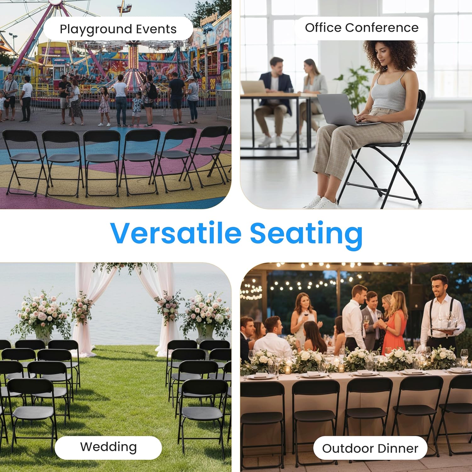 HealSmart 10 Pack Indoor/Outdoor Folding Chairs, Black Plastic Foldable Chair, Portable Stackable Commercial Stable Seat, Steel Frame, 330 lbs Capacity for Events Office Wedding Party Kitchen Dining