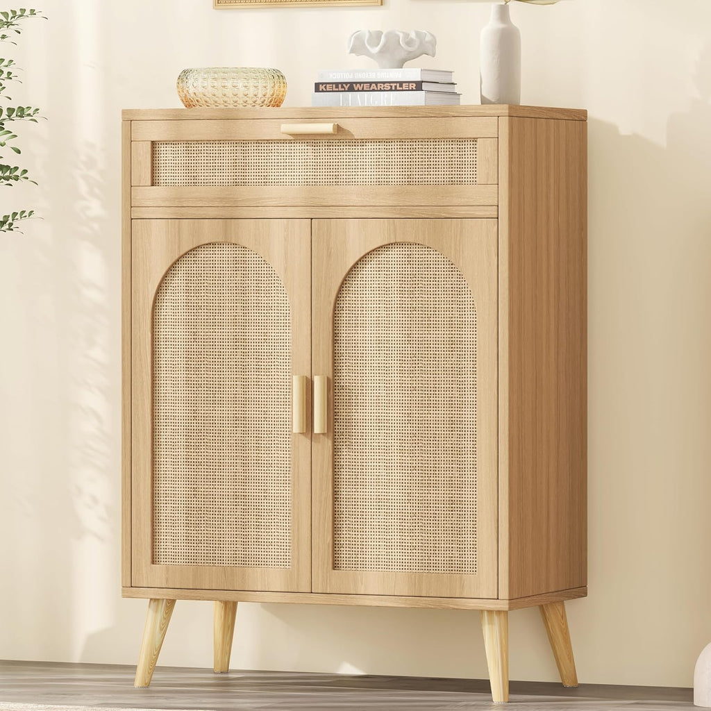 Rattan Sideboard Buffet Cabinet with Storage, Boho Sideboard with Drawer & Adjustable Shelf, Kitchen Floor Cabinet with 2 Doors & Solid Wood Feet, Coffee Bar for Entryway, Living Room, Natural Oak