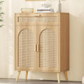 Rattan Sideboard Buffet Cabinet with Storage, Boho Sideboard with Drawer & Adjustable Shelf, Kitchen Floor Cabinet with 2 Doors & Solid Wood Feet, Coffee Bar for Entryway, Living Room, Natural Oak