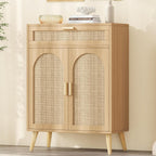 Rattan Sideboard Buffet Cabinet with Storage, Boho Sideboard with Drawer & Adjustable Shelf, Kitchen Floor Cabinet with 2 Doors & Solid Wood Feet, Coffee Bar for Entryway, Living Room, Natural Oak