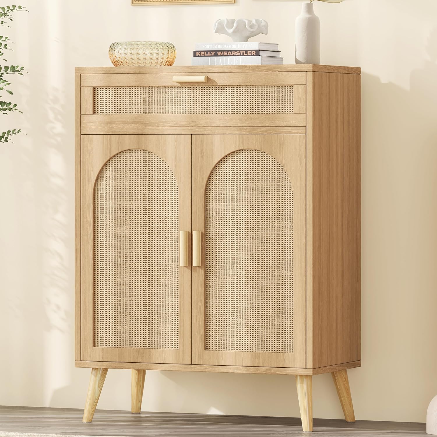 Rattan Sideboard Buffet Cabinet with Storage, Boho Sideboard with Drawer & Adjustable Shelf, Kitchen Floor Cabinet with 2 Doors & Solid Wood Feet, Coffee Bar for Entryway, Living Room, Natural Oak