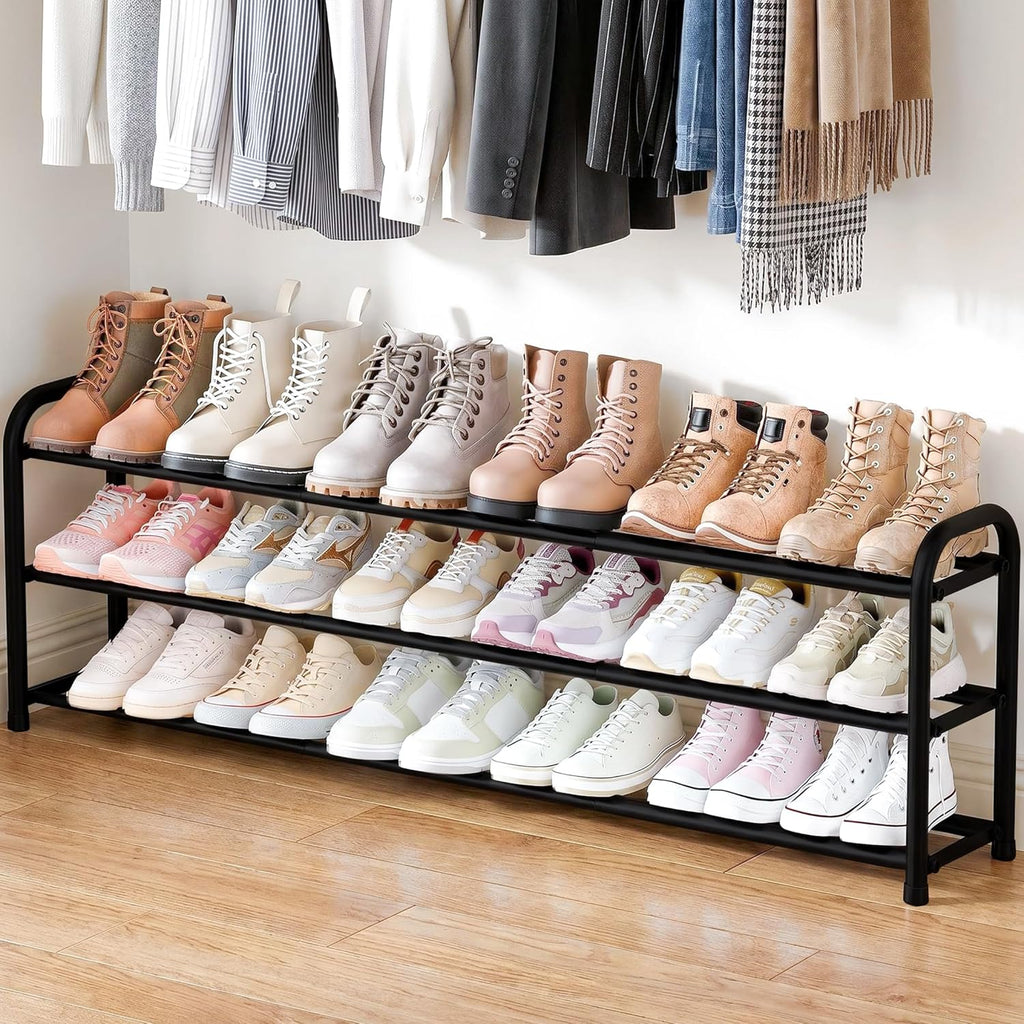 ENJOYBASICS 3 Tier Expandable Shoe Rack for Closet, Free Standing Metal Shoe Shelf Storage Organizer Holder 18 Pairs, Adjustable Width Shoe Rack for Entryway Small Space, Black