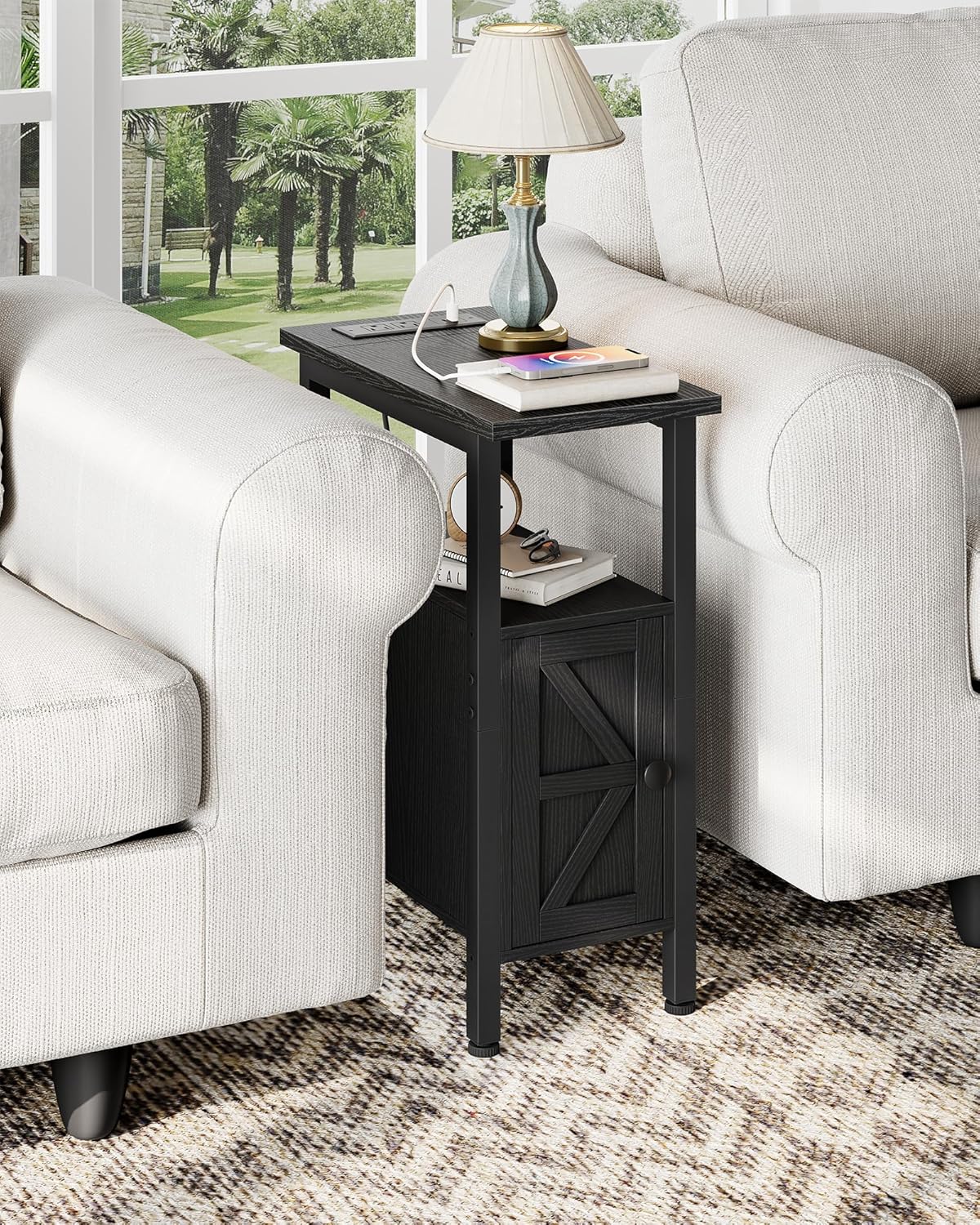 CHOEZON Farmhouse End Table, Narrow Side Table for Small Spaces, Slim Nightstand with Charging Station, with 2 AC Outlets, 1 USB and 1 Type-C Port, for Living Room, Bedroom, Black TBZ08UBB