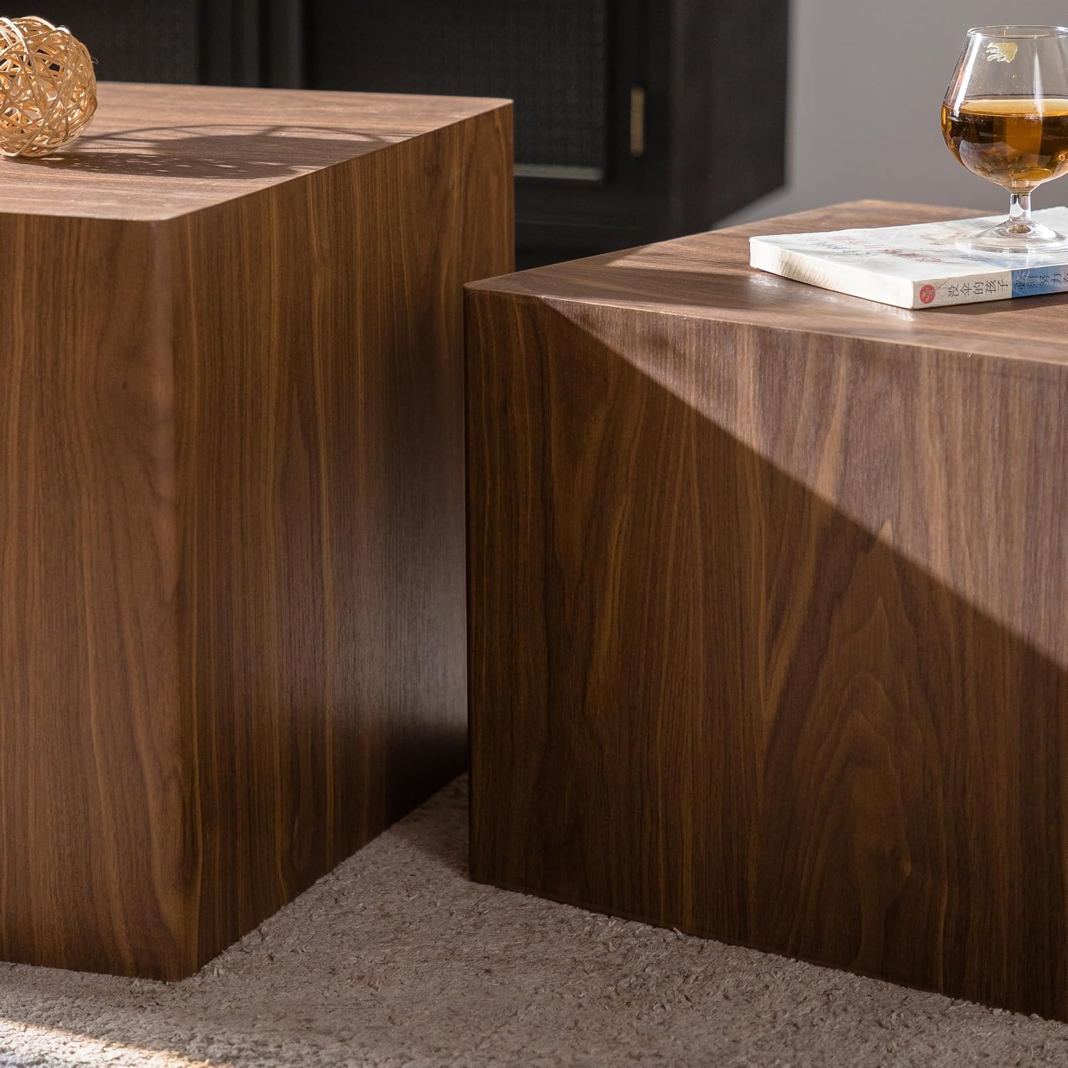 End Table Set of 2, Modern Side Tables with Wood Grain, Wooden Nesting Cube Coffee Table Set for Small Spaces, Living Room, Bedroom, Fully Assembled - Walnut
