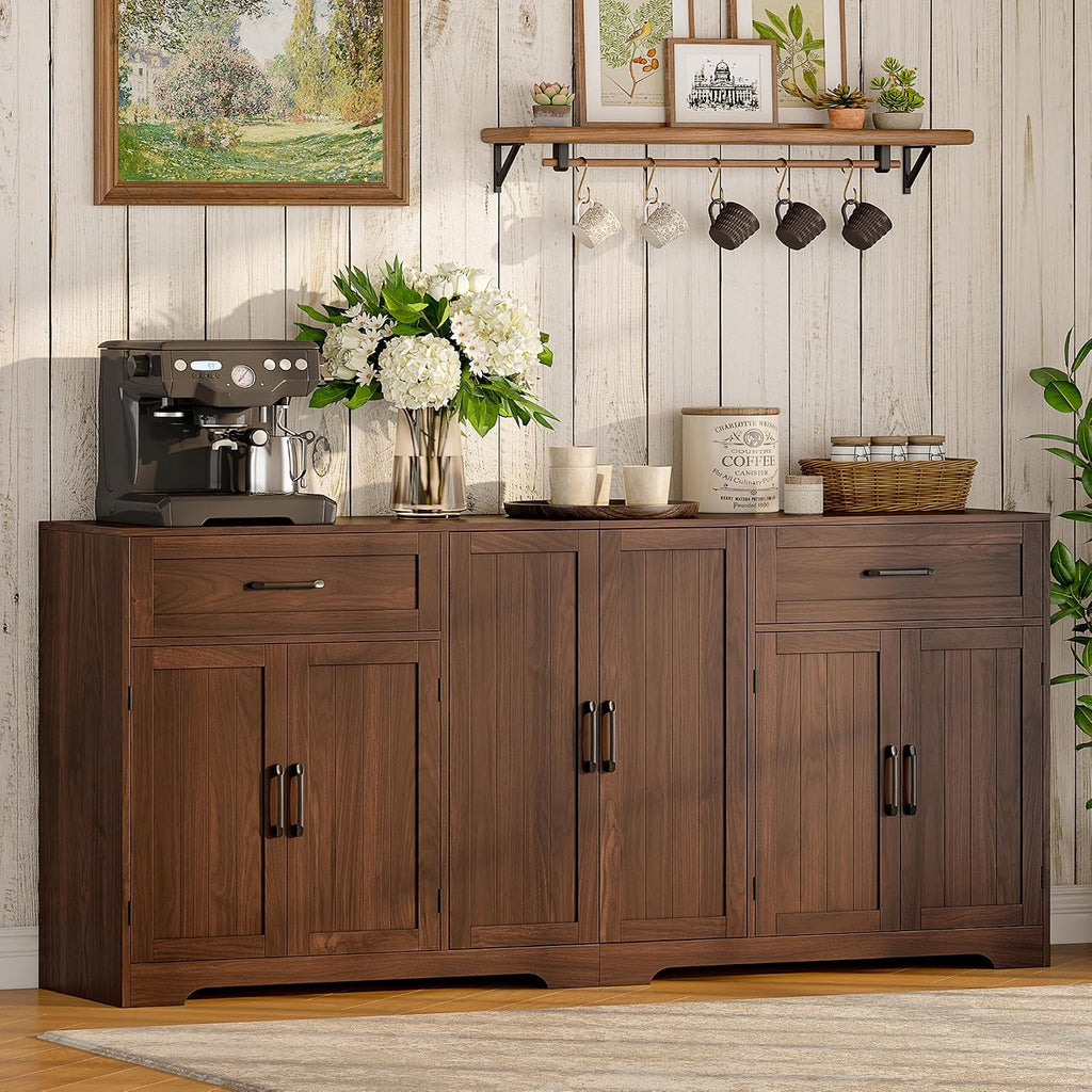 Whalefall 71" Farmhouse Sideboard Buffet Cabinet with Storage, Dark Brown | Large Coffee Bar with 2 Drawers & 6 Doors, Kitchen Credenza with Adjustable Shelves for Dining Room, Living Room TV Stand