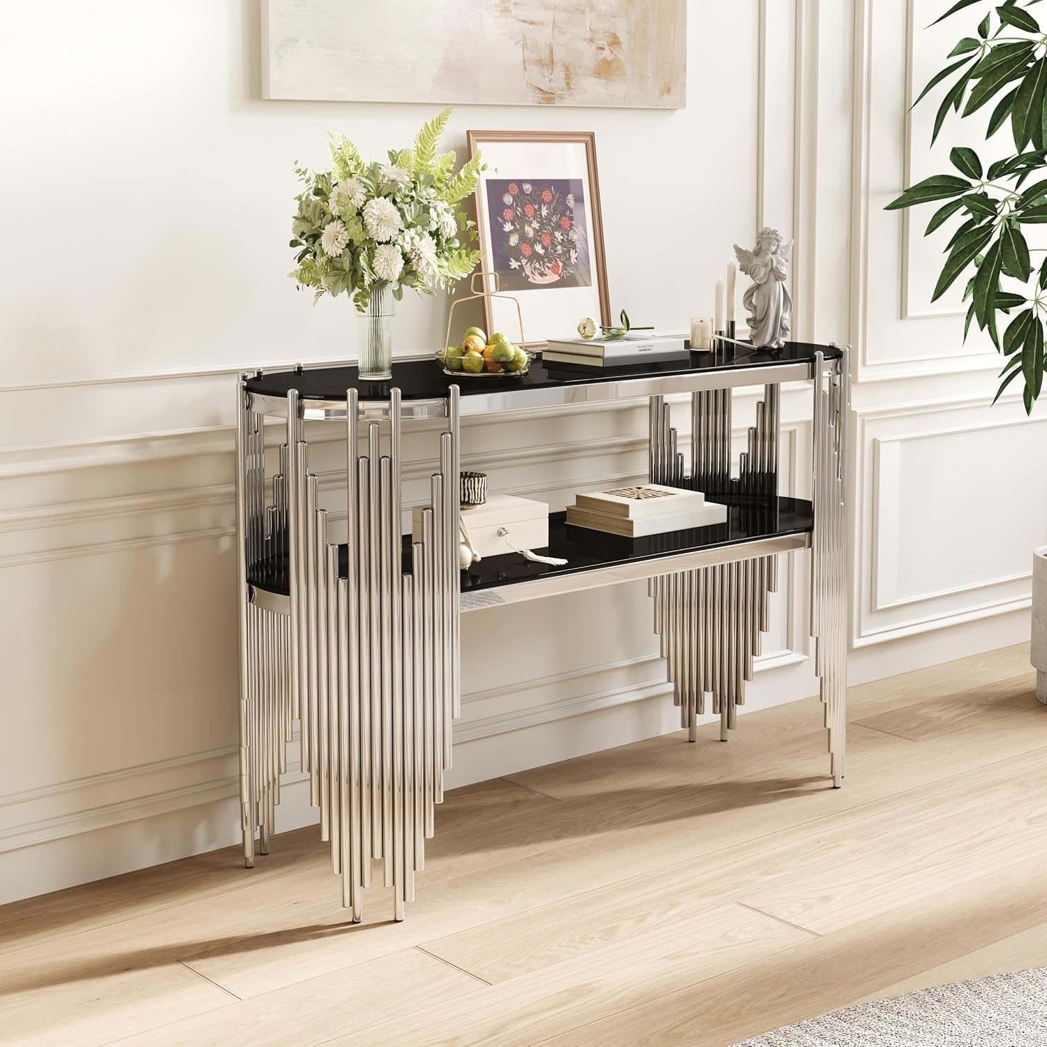 Modern Oval Console Table, 47 Inch Silver Sofa Tables with 2-Tier Black Tempered Glass Shelves & Polished Stainless Steel Frame Accent Side Table for Hallway Living Room (Silver+Black)