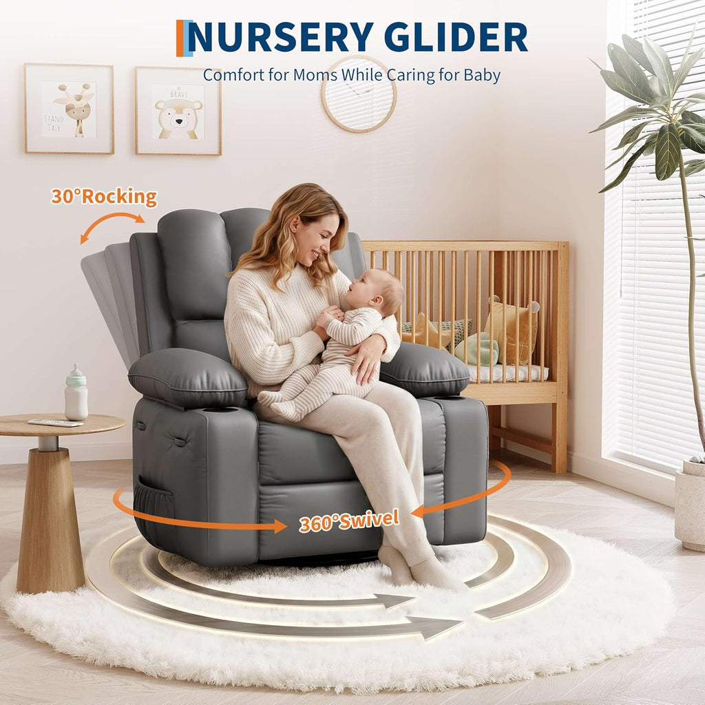 Garvee Oversized Swivel Rocker Recliner Chair - Heat and Massage, Leather Manual Recliner for Adults, Lazy Chair with Cup Holders, Comfort Arms and Back Single Sofa for Living Room