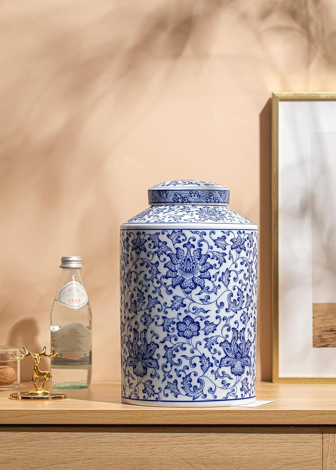 Blue and White Ginger Jar, Ceramic Chinoiserie Decorative Jars for Home, Office, Flower Vase Pocelain, Glossy Vase for Table, Living Room, Bookshelf, Mantle Fireplace, Centerpieces 11"