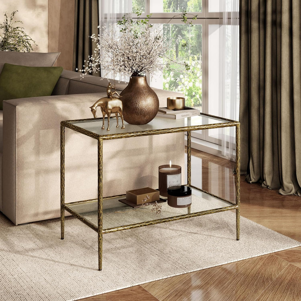 24/7 Shop at Home Lalia Modern 30-inch Metal End Table with Tempered Glass Top and Shelf, Hammered Steel Frame for Living Room, Matte Gold