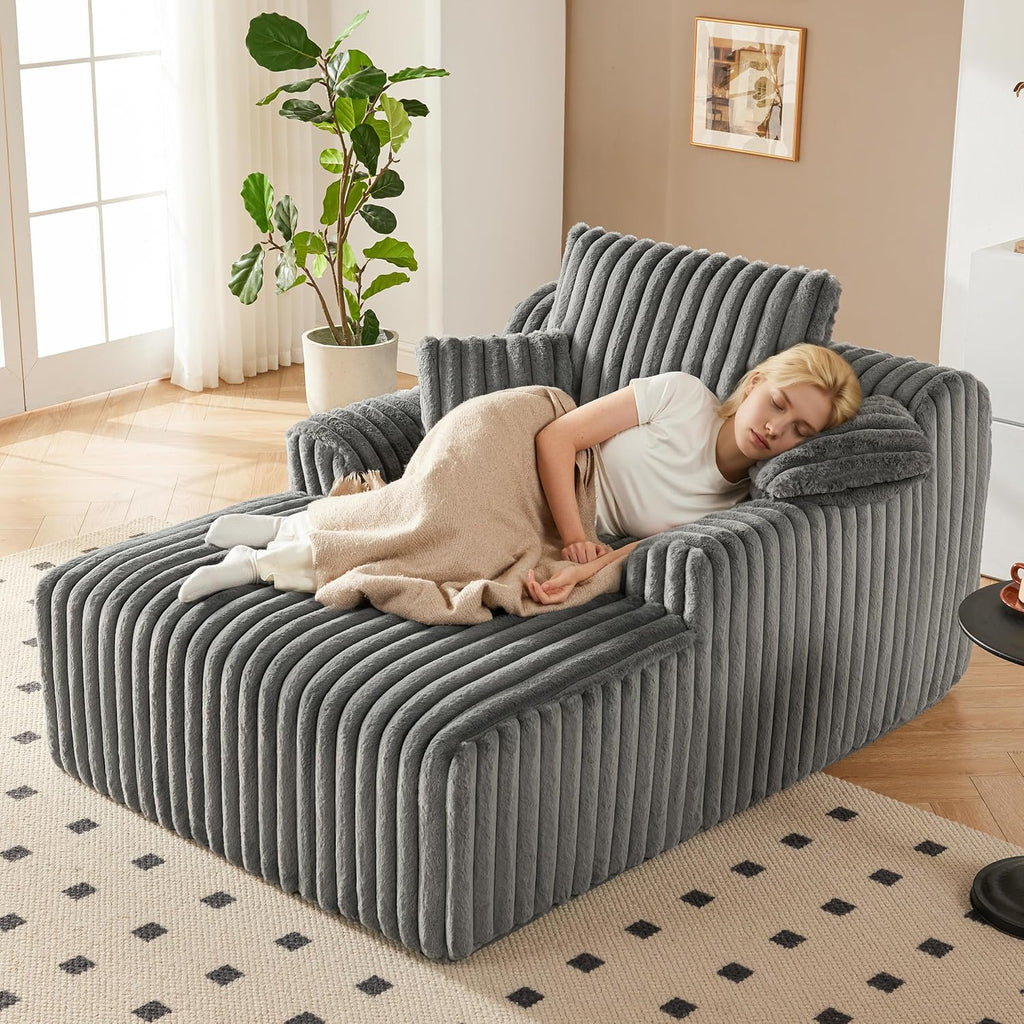 Mangodan 63" Oversized Chaise Lounge Chair Indoor, Boneless Couch Chair with 3 Pillows, Comfy Reading Chair with Wide Arms, No Assembly Required Corduroy Couch, Sleeper Sofa for Living Room, Gray
