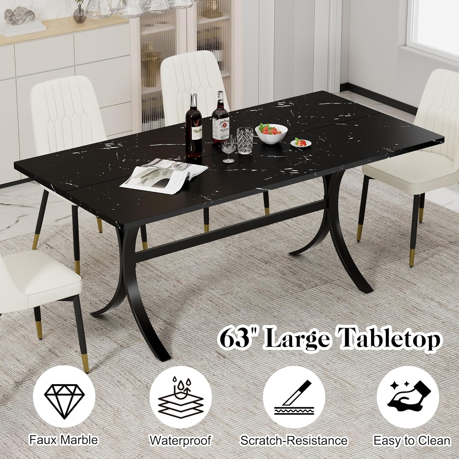 7-Piece Modern Dining Table Set, 63" Rectangular Black Faux Marble Dining Table with Curved Metal Legs and 6 Gray Velvet Upholstered Dining Chairs with Solid Wood Legs, Kitchen Furniture