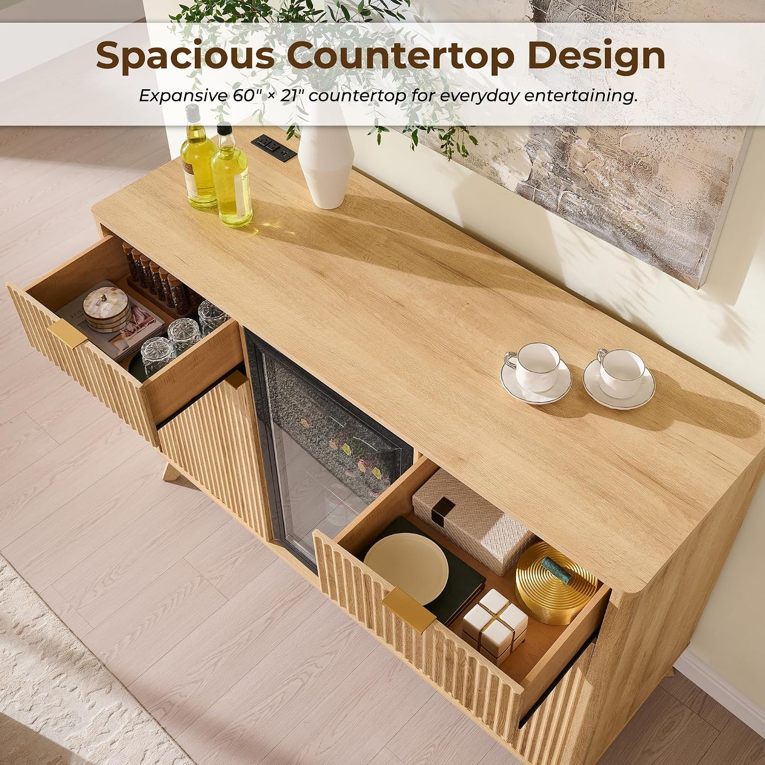 OKD 60" Fluted Coffee Bar Cabinet with Mini Fridge Space, Natural Oak | Mini Fridge Compatible, Built In Charging Station, 3 Stemware Racks, 2 Drawers, 2 Cabinets, Home Bar Cabinet Storage