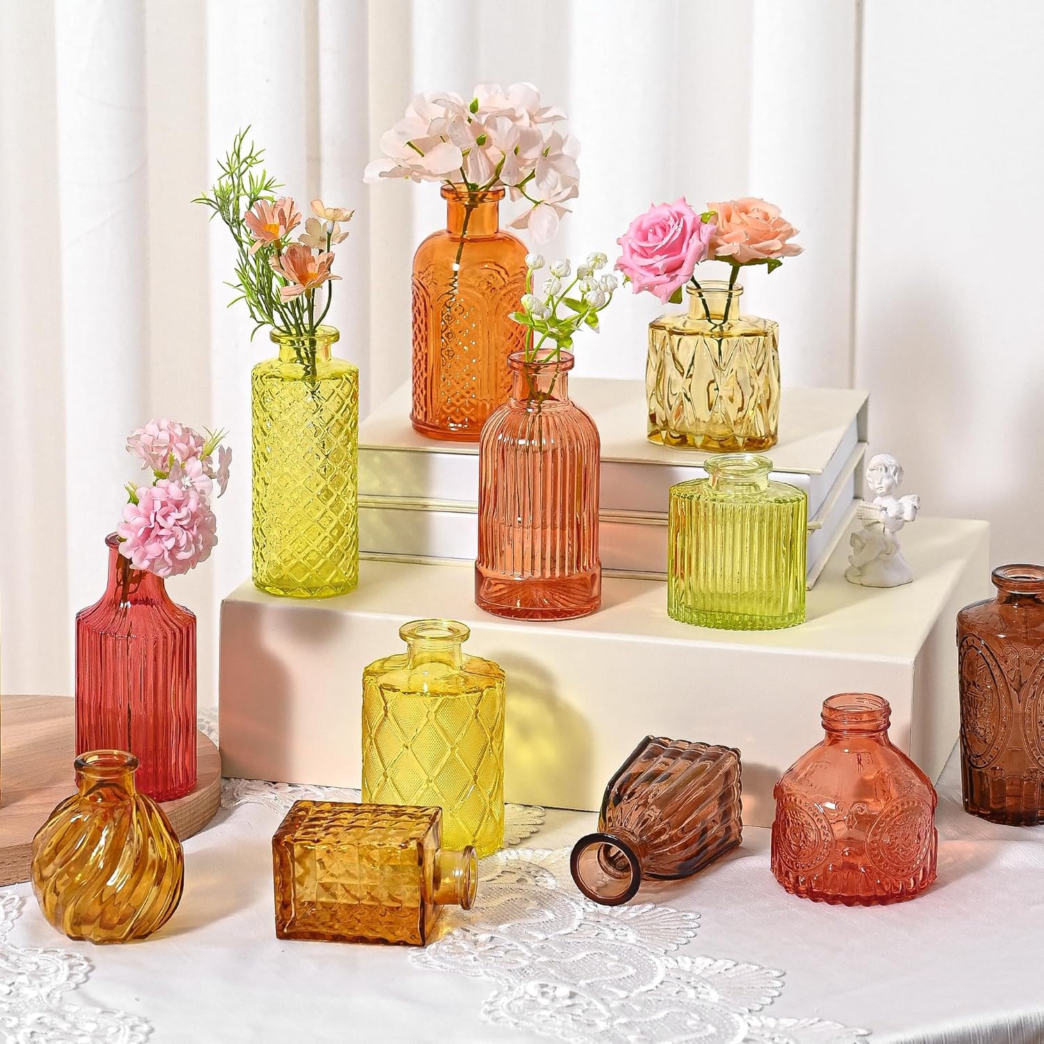 Colored Glass Vases Bulk 32 Pcs - Assorted Vintage Bud Vases for Wedding Centerpieces, Rustic Embossed Glass Bottles for Table Decor, Home Floral Arrangements with Gold Series (2-6 Inch)
