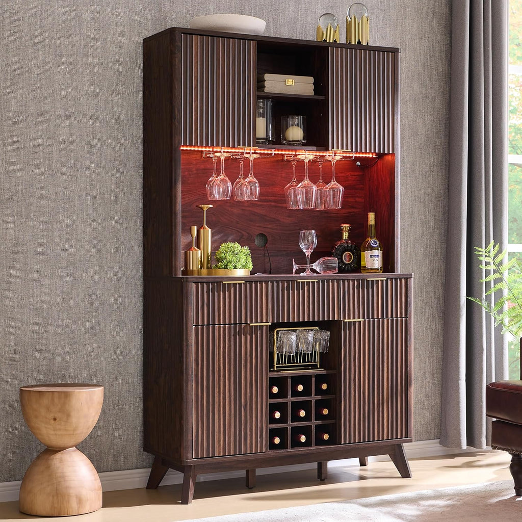 OKD 72" Tall Fluted Wine Cabinet, Modern Coffee Bar Cabinet, Dark Walnut | Charging Station, Led Lights, 4 Stemware Racks, 9 Wine Racks, 3 Drawers, 4 Cabinets, 2 Open Shelf, Home Bar Storage