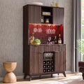 OKD 72" Tall Fluted Wine Cabinet, Modern Coffee Bar Cabinet, Dark Walnut | Charging Station, Led Lights, 4 Stemware Racks, 9 Wine Racks, 3 Drawers, 4 Cabinets, 2 Open Shelf, Home Bar Storage