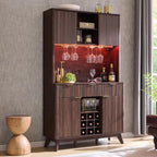 OKD 72" Tall Fluted Wine Cabinet, Modern Coffee Bar Cabinet, Dark Walnut | Charging Station, Led Lights, 4 Stemware Racks, 9 Wine Racks, 3 Drawers, 4 Cabinets, 2 Open Shelf, Home Bar Storage