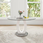 RGZ 39'' Modern Luxury Clear Glass Round Dining Table for 4-6, Glass Circle Top Kitchen Table with Elegant Silver Decorative Strips & White Silver Base, Dinner Table for Home, Living Room, Apartment