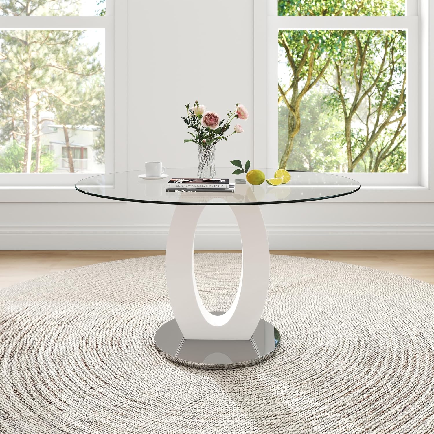RGZ 39'' Modern Luxury Clear Glass Round Dining Table for 4-6, Glass Circle Top Kitchen Table with Elegant Silver Decorative Strips & White Silver Base, Dinner Table for Home, Living Room, Apartment