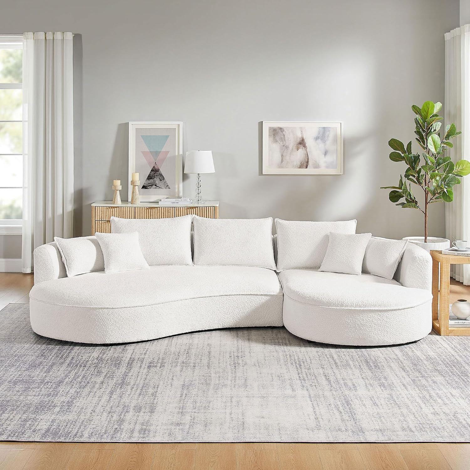 KEVINSPACE 128.15" Sofa Couch Modern Curved Cloud Round Sectional Couches Comfy with Pillows Luxury Chaise L Shape Upholstery for Living Room Apartment White Right Hand Facing
