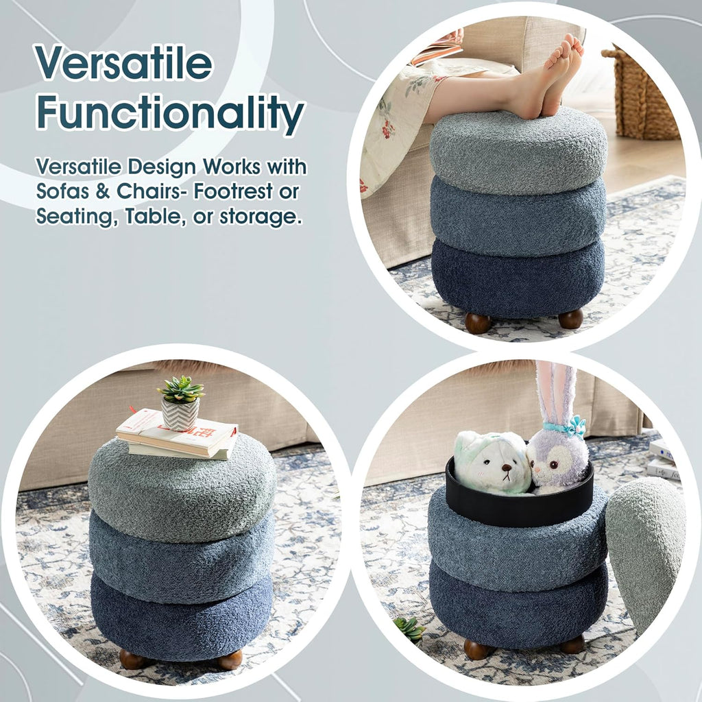 Glitzhome Round Ottoman with Storage, Small Foot Stool, Modern Accent Stool Upholstered Vanity Stool with Rubberwood Ball Feet for Bedroom Living Room Dorm Room, Gradient Blue