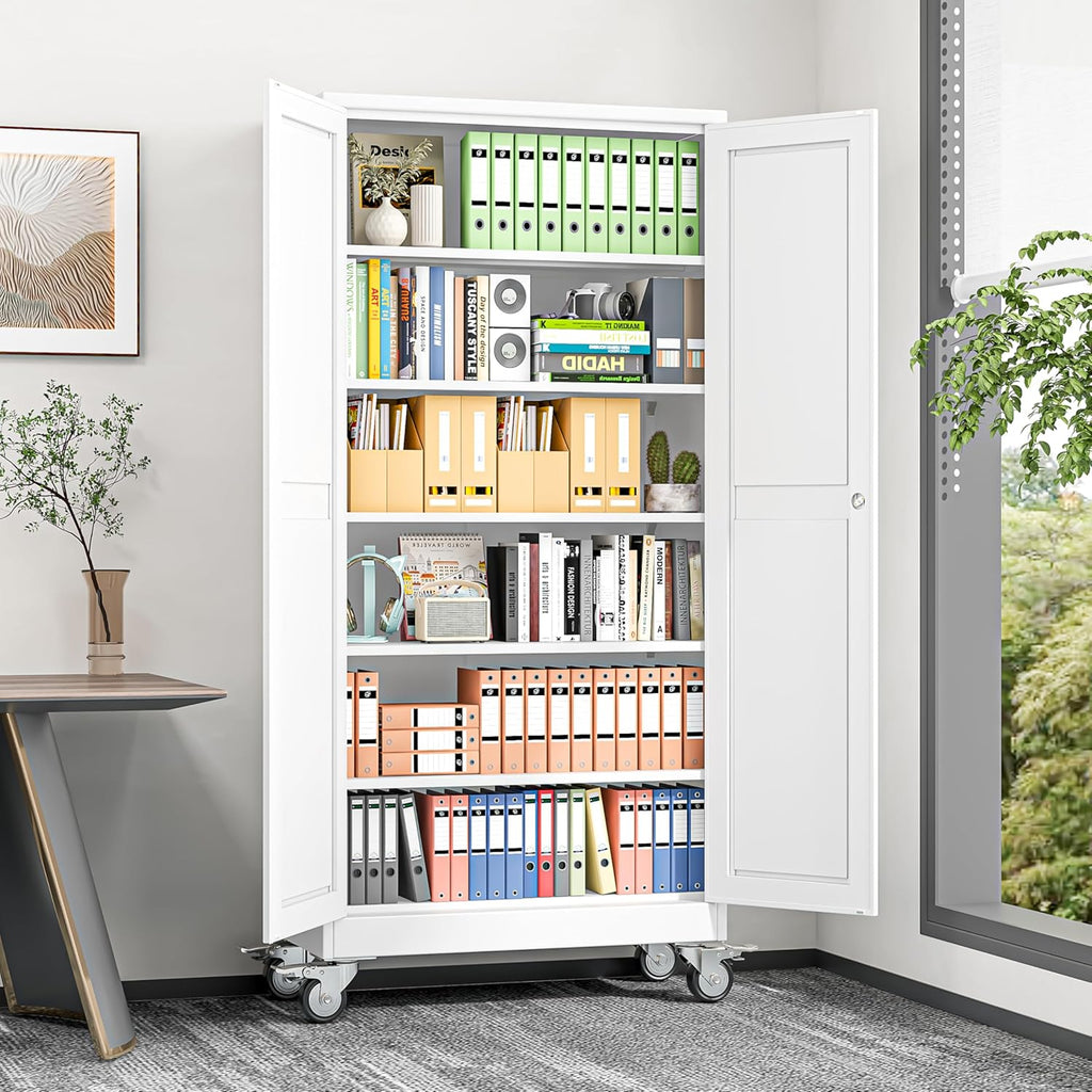 Metal Garage Storage Cabinets and storage system, 74”Tall Rolling utility cabinet with Wheels, Lock, 5 Adjustable Shelves, Heavy Duty Steel Tool Locker for Home Office, Utility Room, Gym,White