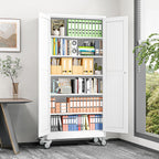 Metal Garage Storage Cabinets and storage system, 74”Tall Rolling utility cabinet with Wheels, Lock, 5 Adjustable Shelves, Heavy Duty Steel Tool Locker for Home Office, Utility Room, Gym,White
