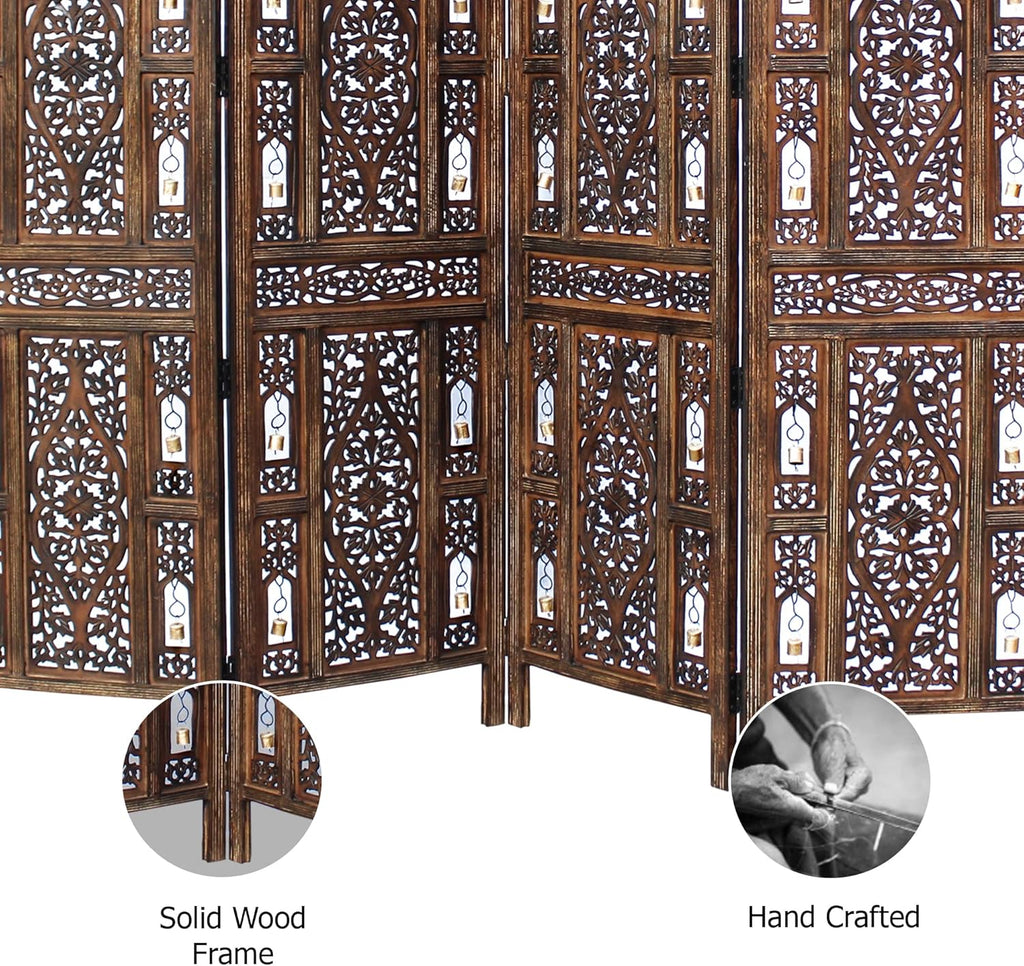 Room Divider Wood Screen - Ghanti Bells Antique Brown - 4 Panel Folding 72 x 80 - Assembled Hand Carved Decorative Functional Versatile Portable Partition Reversible Privacy Boho - COTTON CRAFT