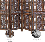 Room Divider Wood Screen - Ghanti Bells Antique Brown - 4 Panel Folding 72 x 80 - Assembled Hand Carved Decorative Functional Versatile Portable Partition Reversible Privacy Boho - COTTON CRAFT