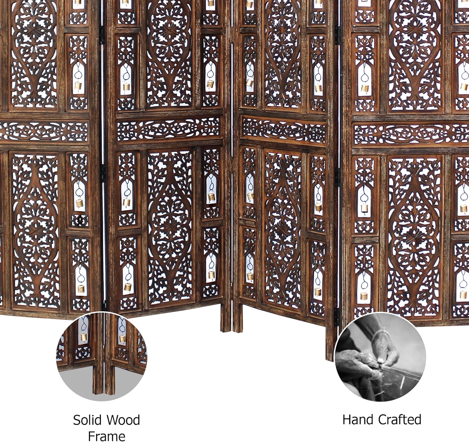 Room Divider Wood Screen - Ghanti Bells Antique Brown - 4 Panel Folding 72 x 80 - Assembled Hand Carved Decorative Functional Versatile Portable Partition Reversible Privacy Boho - COTTON CRAFT