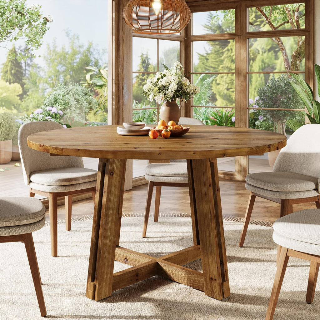 47.3" Solid Wood Dining Table for 4-6, Round Kitchen Table with Wood Legs, Farmhouse Kitchen & Dining Room Furniture, Brown