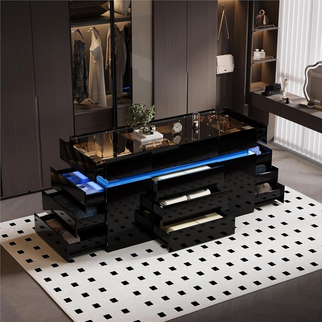 Luxury Glossy Closet Island with 16 Drawers, Modern LED Wardrobe Armoire Island with Glass Top, Luxury Walk-in Closet Island for Cloakroom (Black)