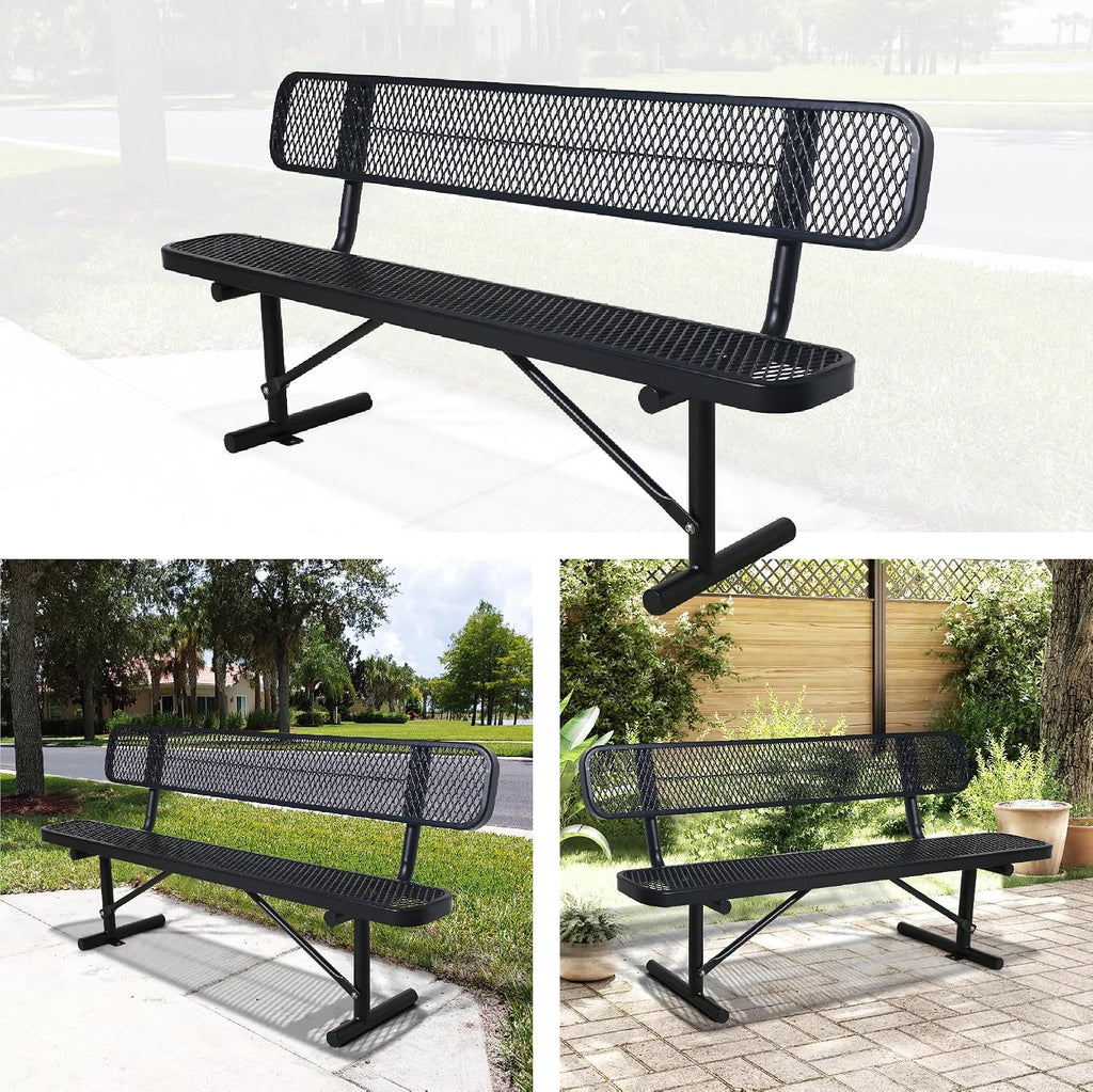 4FT Heavy Duty Metal Park Bench for Outside, Thermoplastic-Coated Weatherproof Outdoor Bench with Backrest & Portable Frame, Commercial Benches for Shopping Mall, Store, Park, Patio, Porch, Black