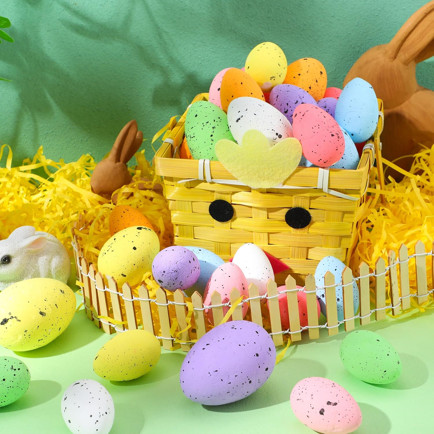 JOYIN 32Pcs Easter Foam Eggs, Pastel Speckled Assorted Easter Eggs for Indoor Table Centerpiece Decoration, Party Favor, Bowl Fillers Wreath Garland